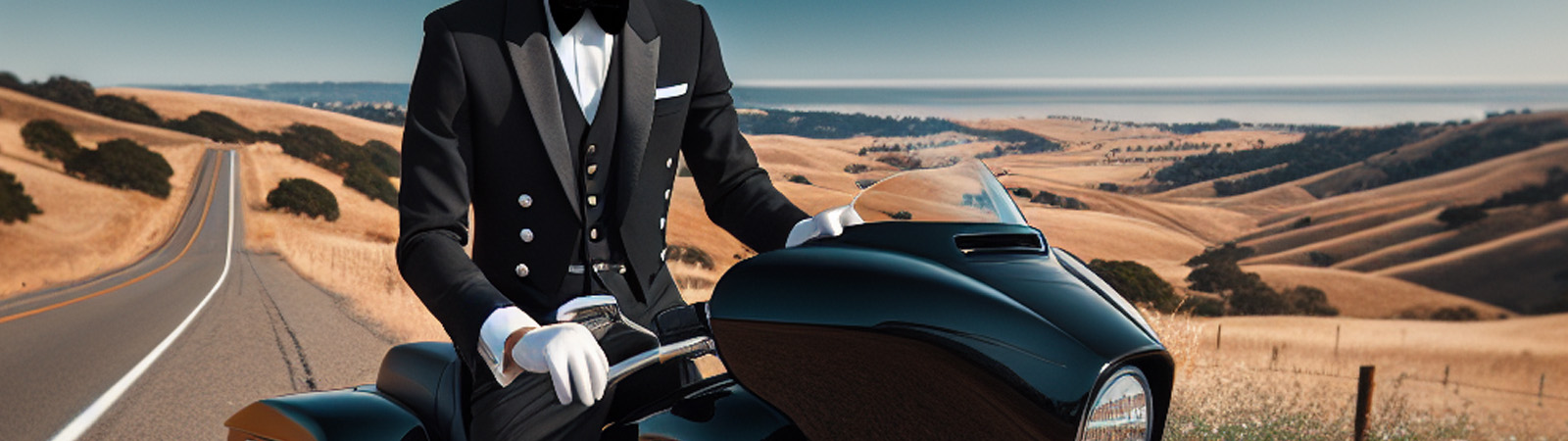 A butler on a motorcycle in a rural area