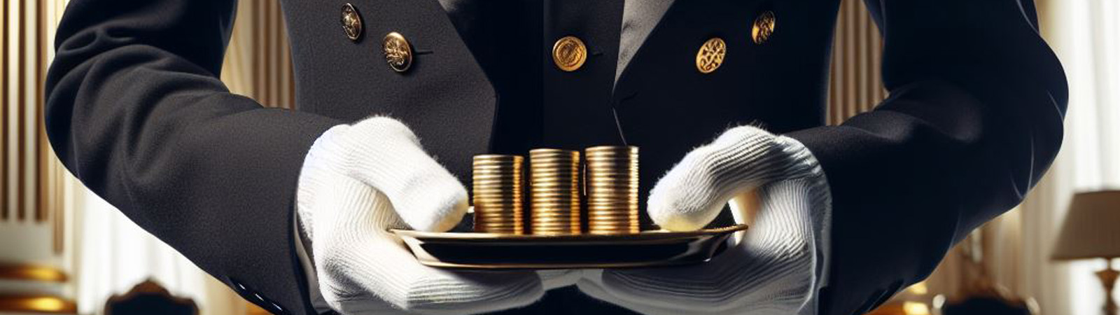 A butler holding a tray with coins