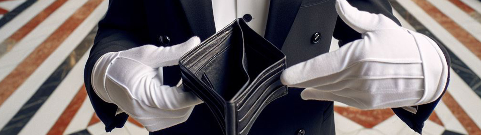 A butler showing an empty wallet
