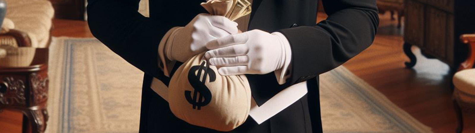 A butler holding a bag of coins