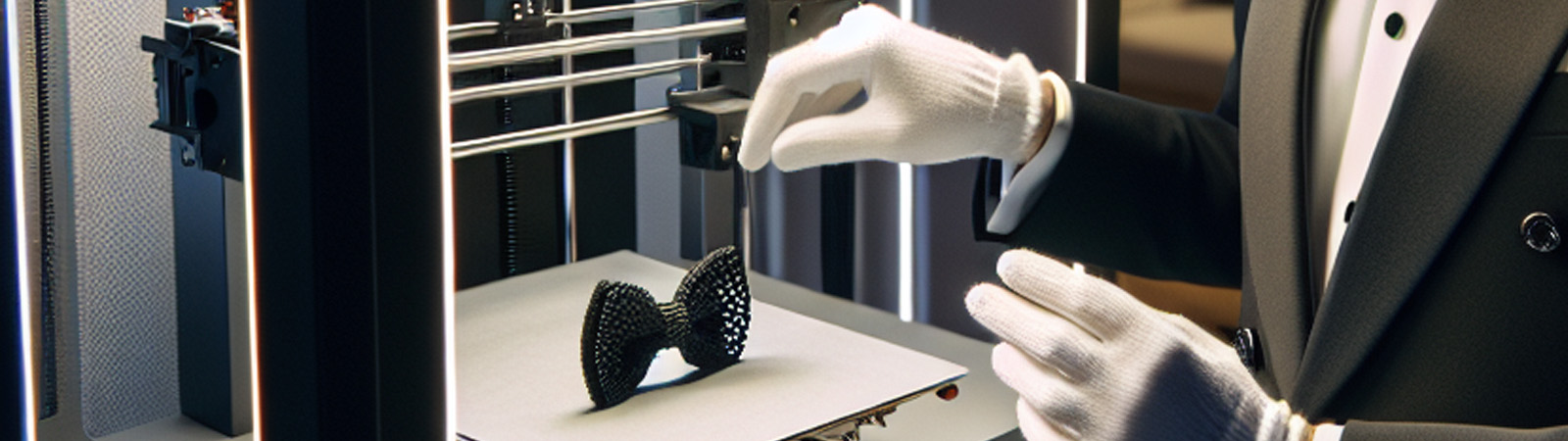 A butler is 3D printing a bow tie