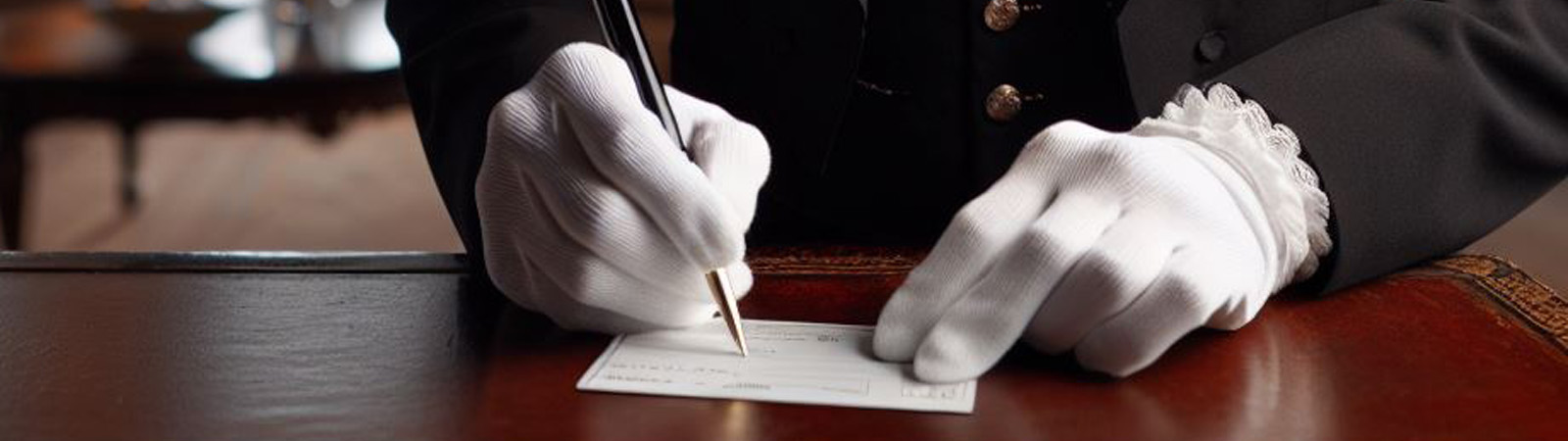 A butler signing a check
