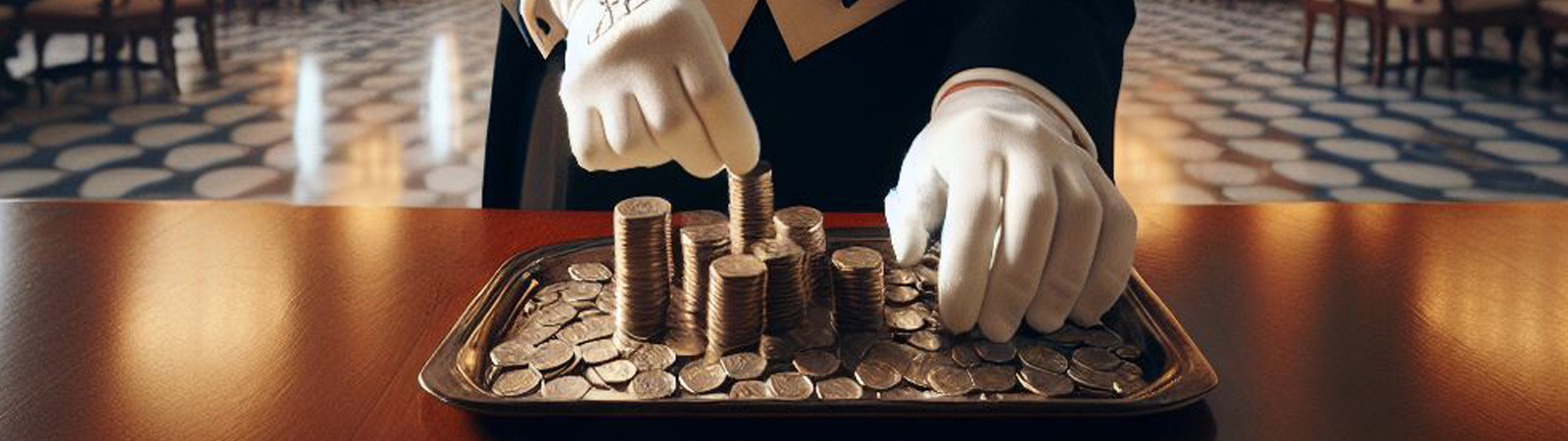 A butler with many coins on a tray sitting on a desk