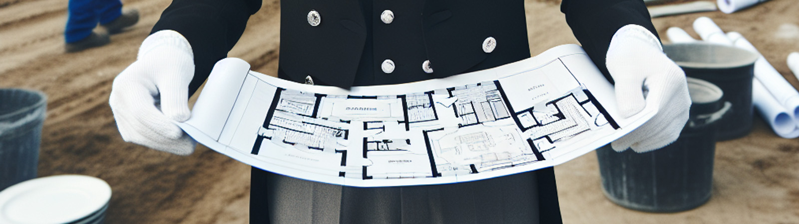 A butler holding a blueprint