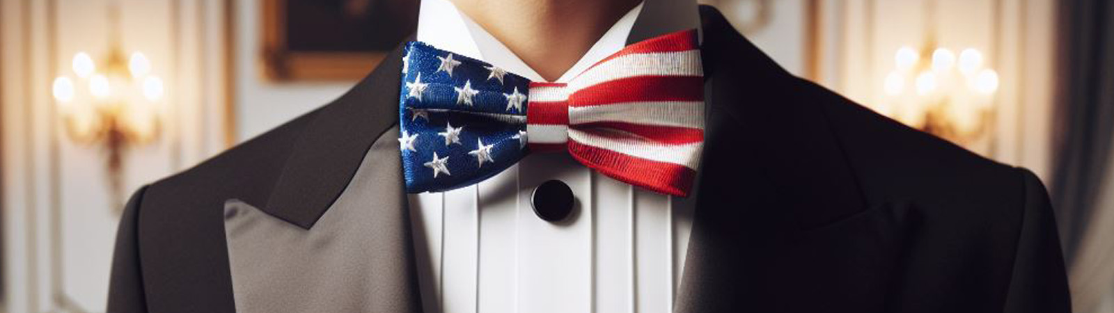 A butler in a red, white, and blue bow tie in an American flag design