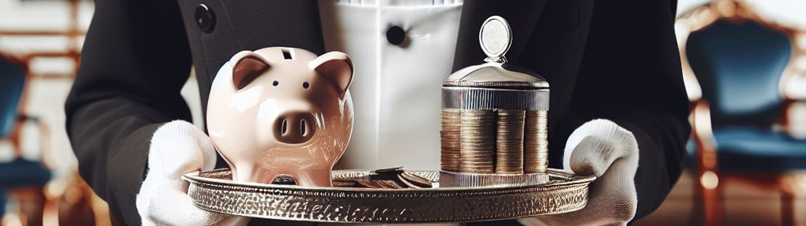 A butler holding a tray with a piggy bank and coins