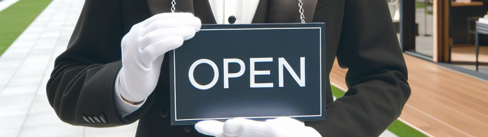 A butler holding an open sign