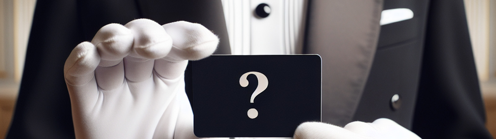 A butler holding a card with a question mark on it