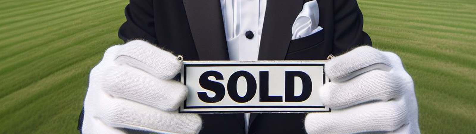 A butler holding a "sold" sign