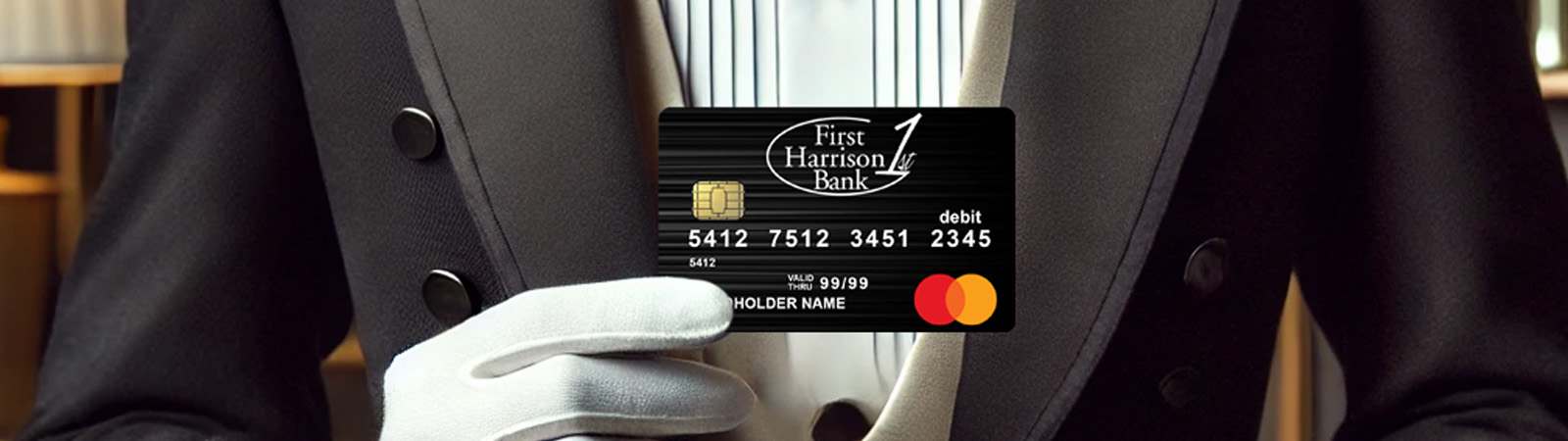 A butler holding a First Harrison Bank personal debit card
