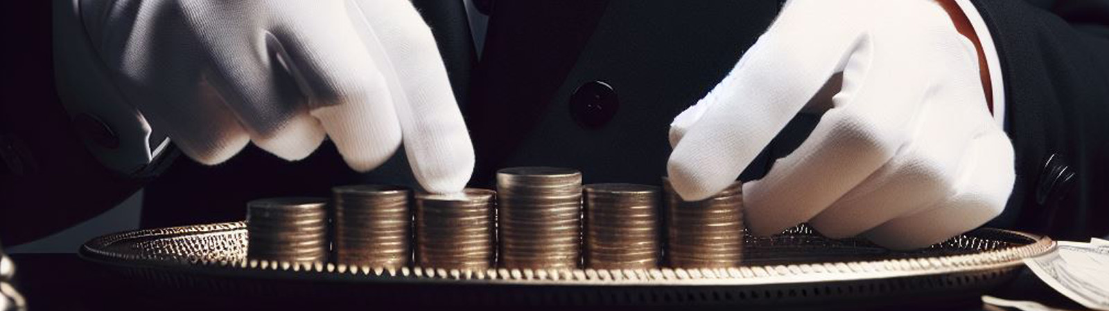 A butler stacking coins on a tray