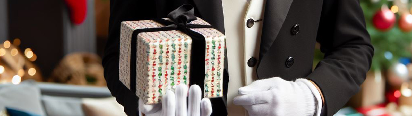 A butler holding a wrapped gift