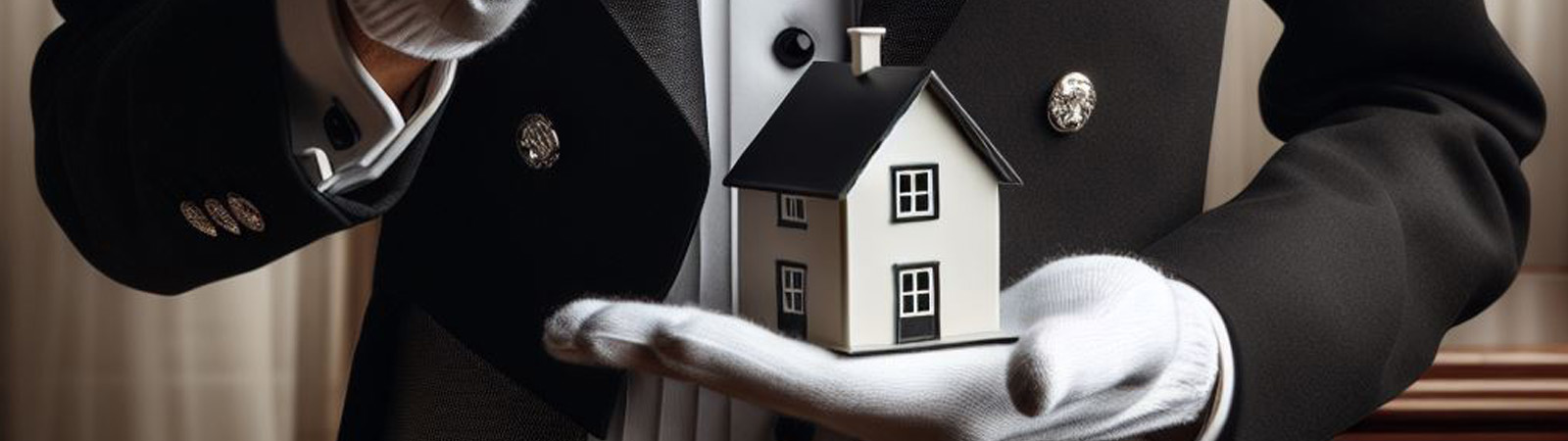 A butler holding a house in his hand