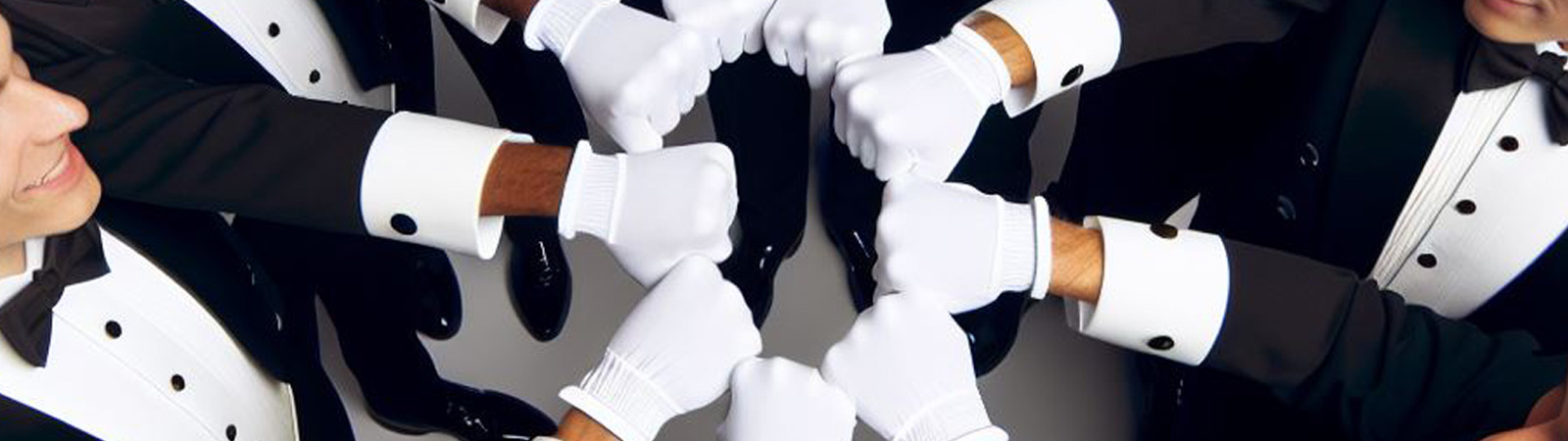 Several butlers bumping fists in friendship