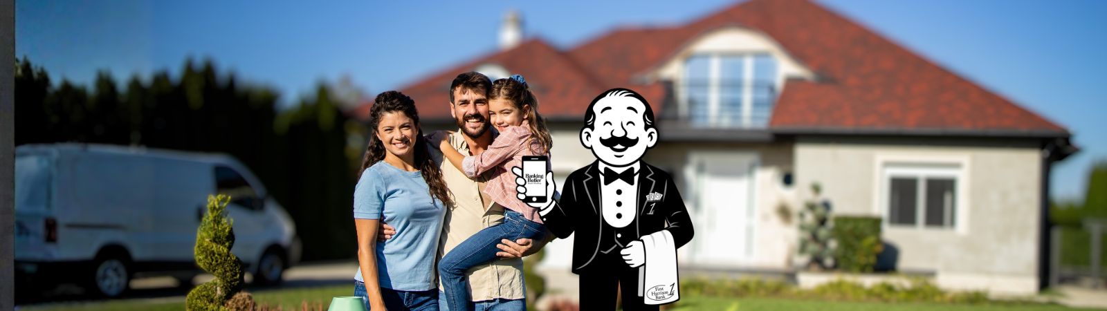 Harrison Banks, our Banking Butler, in front of a home with a family of four.