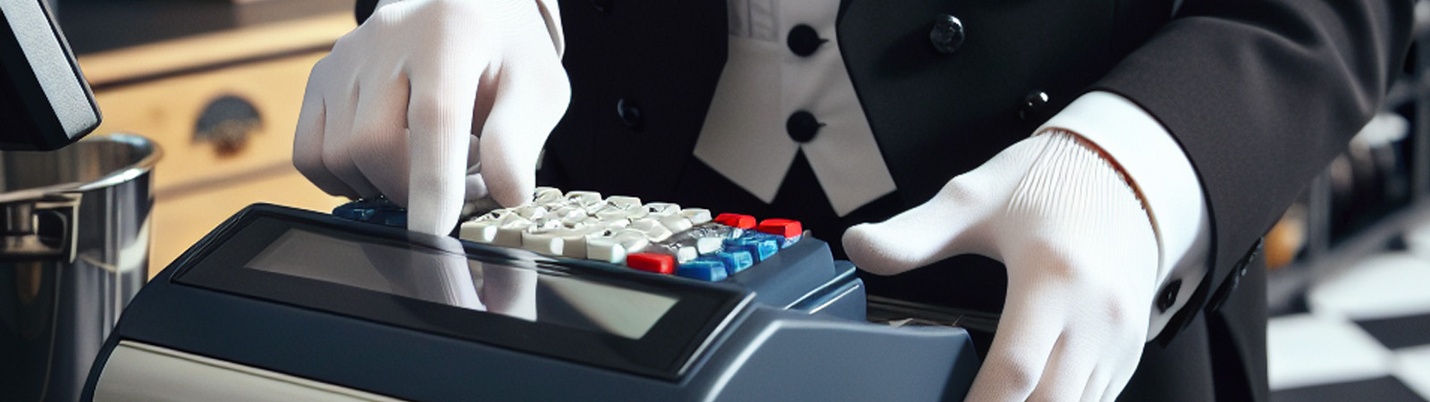 A butler working a cash register
