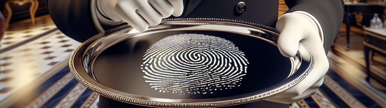 A butler holding a tray with a large fingerprint on it