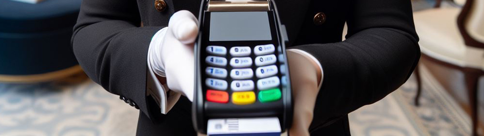 A butler holding a credit card terminal