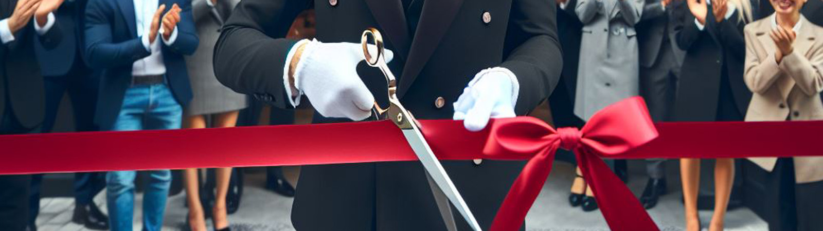 A butler cutting a ribbon with a crowd behind him
