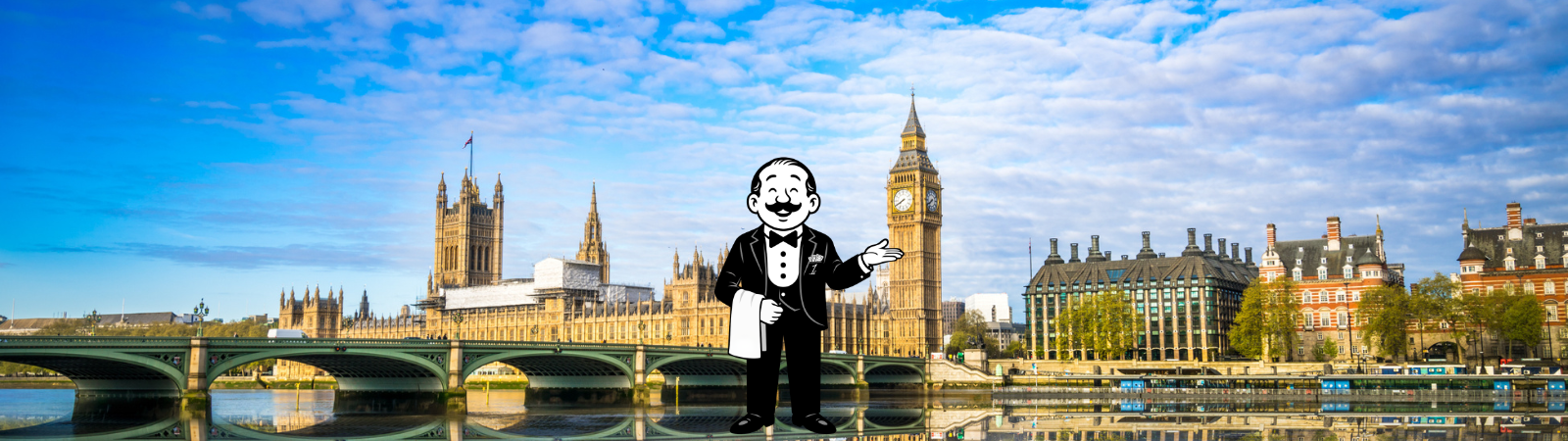 Harrison Banks, our Banking Butler, with Big Ben and London in the background.