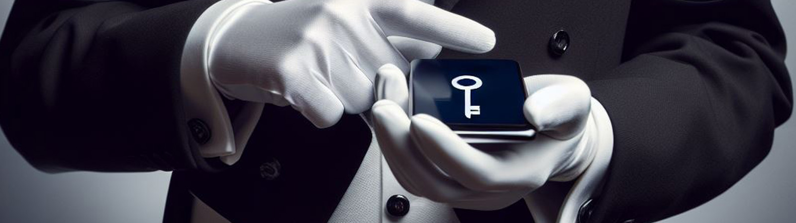 A butler holding a mobile phone showing a digital key on the screen