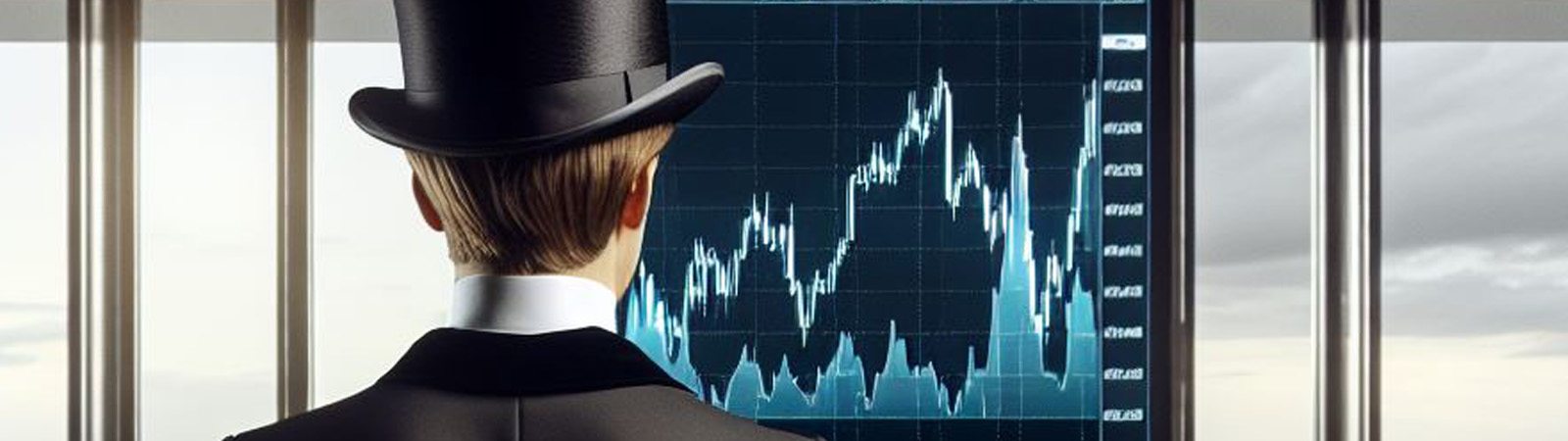 A butler looking at a stock chart