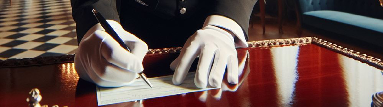 A butler writing a check