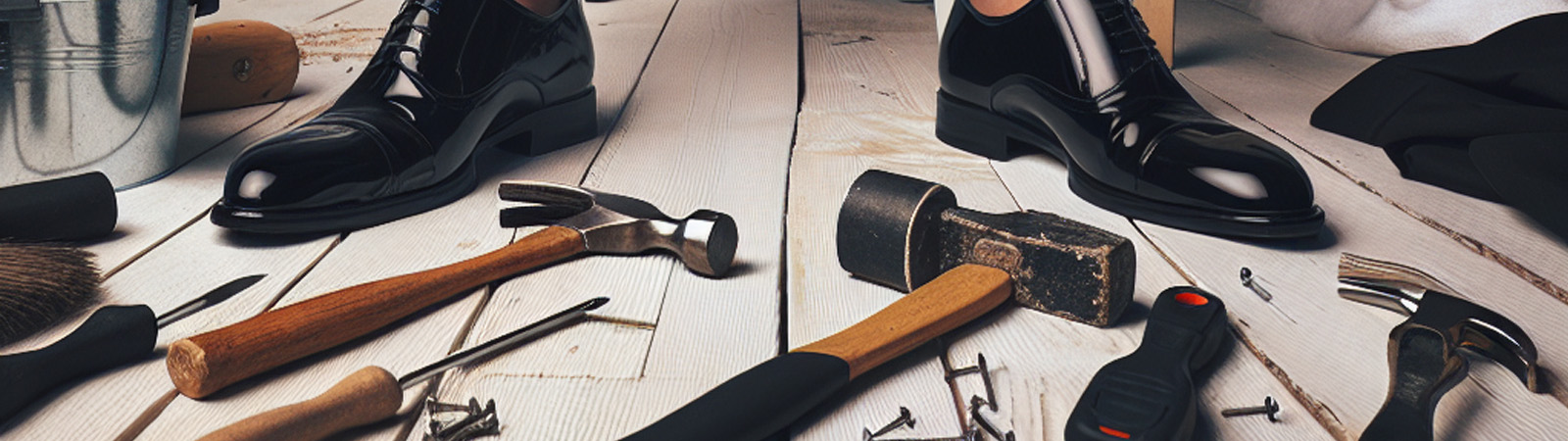A butler's feet are seen with tools scattered on the floor