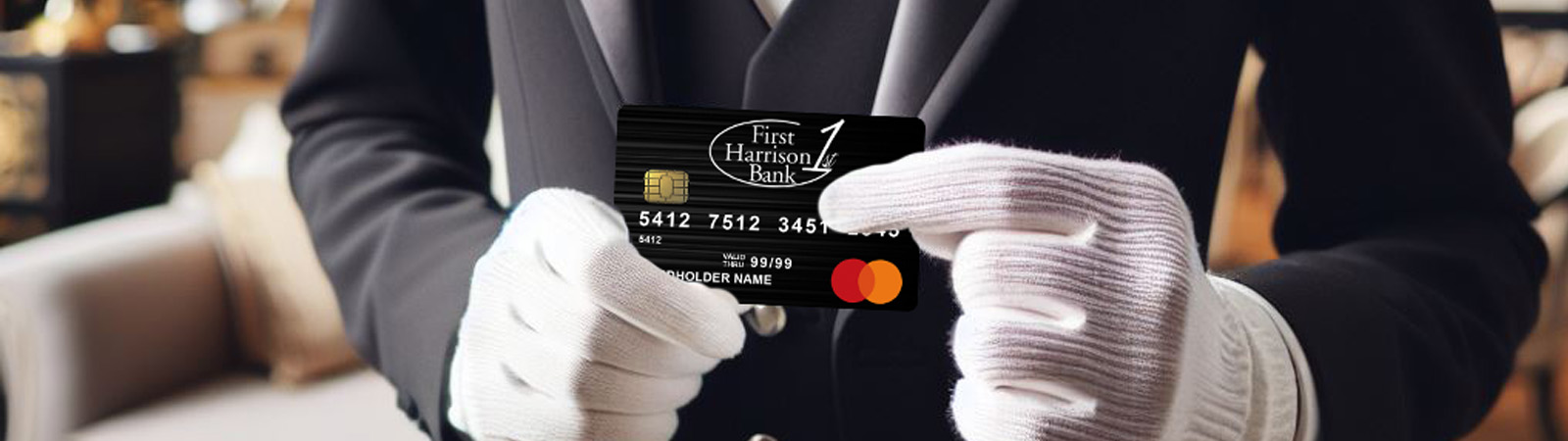 A butler holding a First Harrison personal debit card