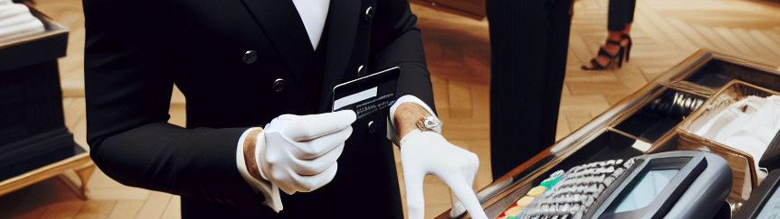 A butler holding a credit card pressing a button on a cash register