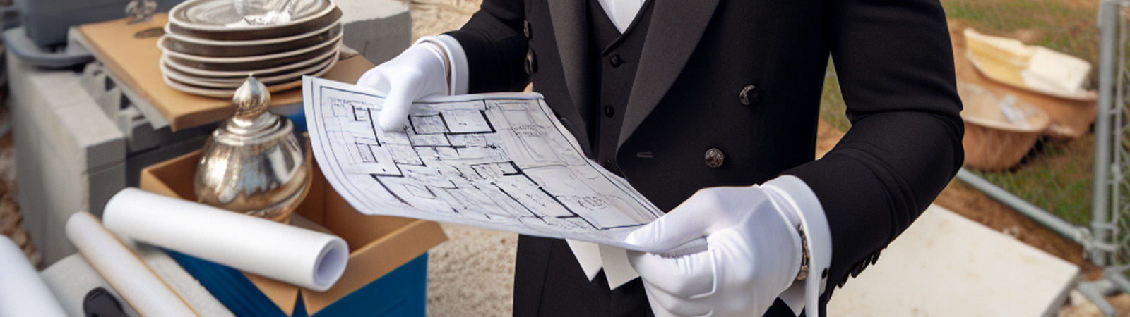 A butler holding a blueprint on a job site