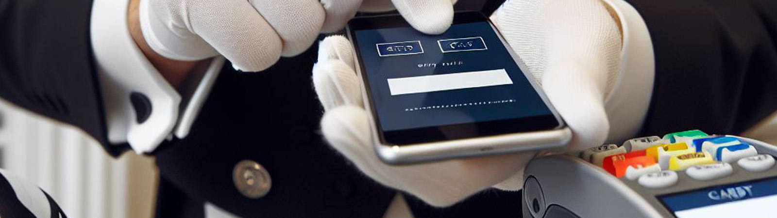A butler holding a mobile phone near a credit card terminal