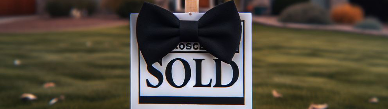 A "sold" sign in a yard with a bow tie on it