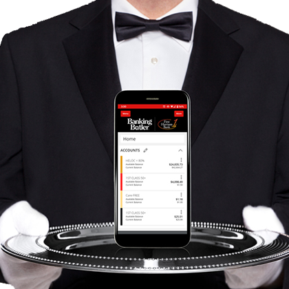 A butler holding a tray with a cell phone on it displaying the Banking Butler mobile app.