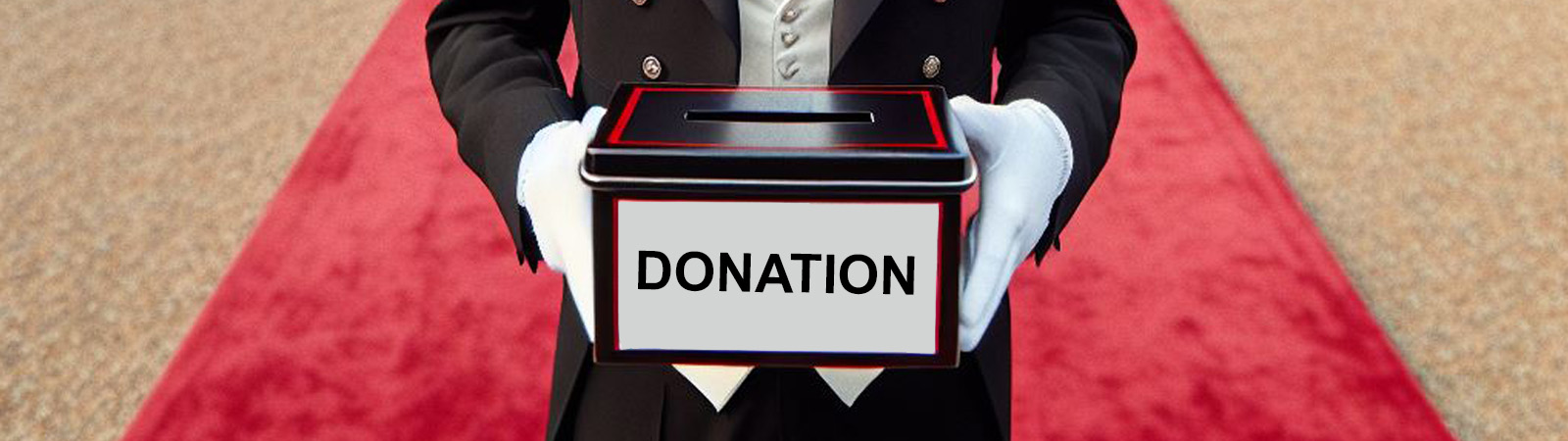 A butler holding a donation box